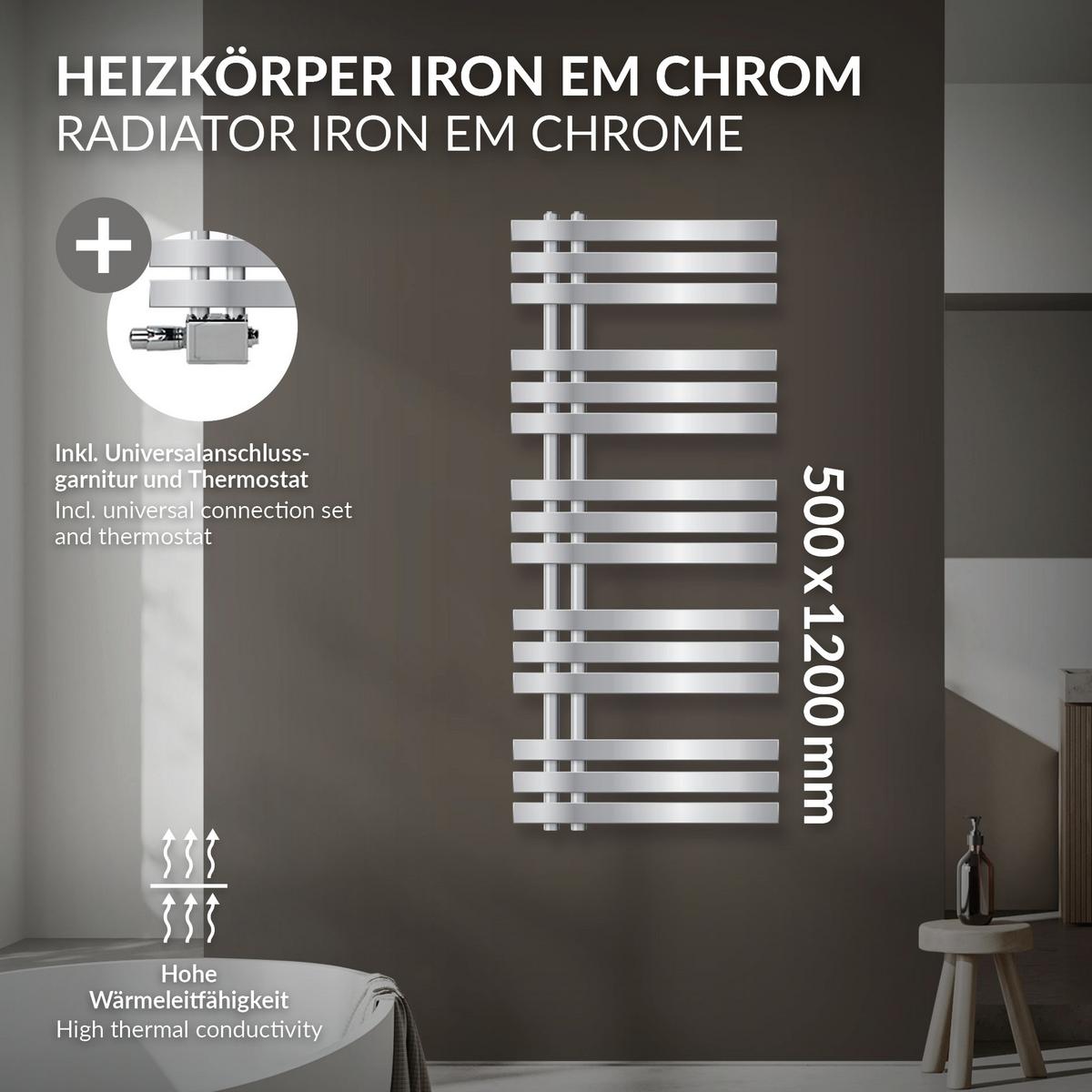 BADHEIZKÖRPER Iron EM 500x1200 mm Chrome mit Ventil Universal - Chromfarben, Metall (50/120/3cm) - LuxeBath