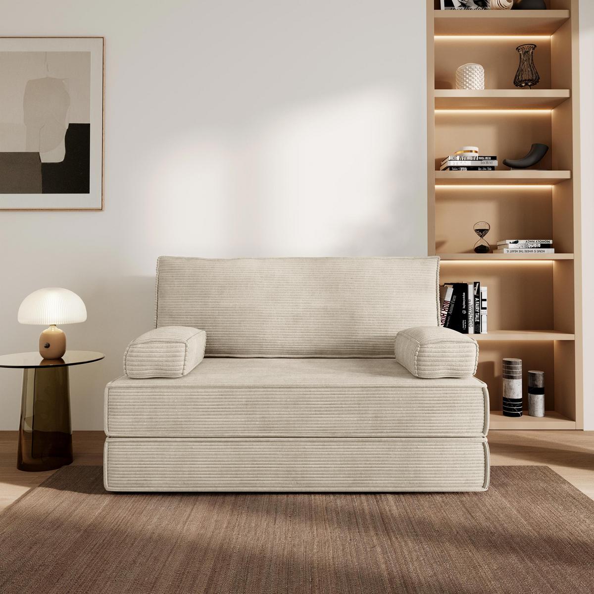 BETTSOFA LADIA aus Schaumstoff Cordstoff Creme Schlaffunktion - Creme, Textil (140/86/60cm) - MASSENO