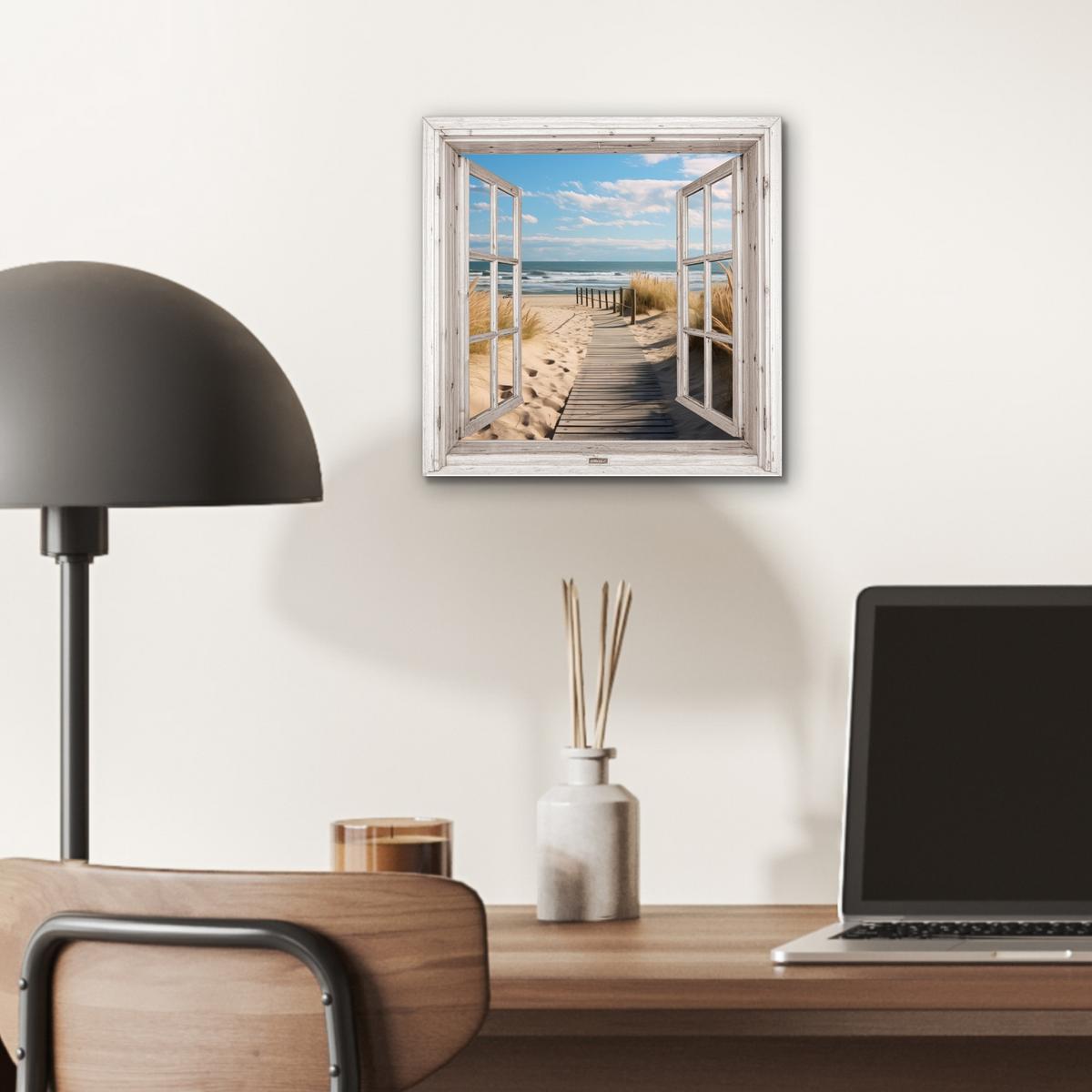 METALLBILD Fenster - Meer - Küste - Natur - Ausblick - Strand - Wattenmeer 20x20 cm - Beige, Metall (20/20cm) - MuchoWow
