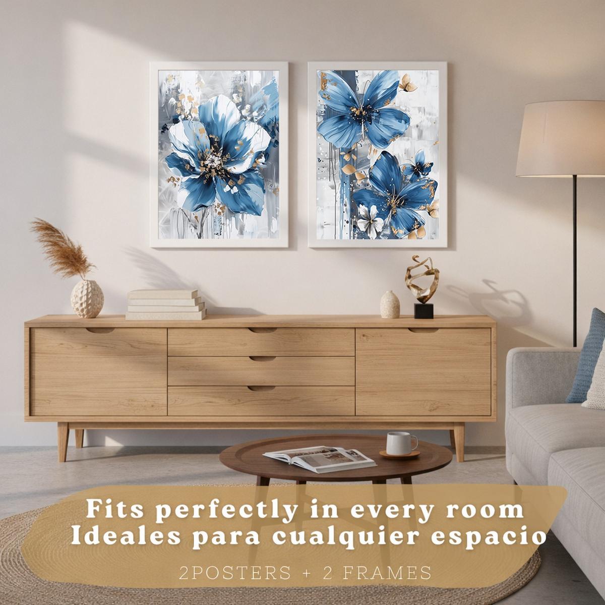 POSTER 2er-Set Wandbilder Blumen Blau Braun modern Wohnzimmer Deko, Schlafzimmer, Küche, Badezimmer Weißer Rahmen A3 - Weiß, Papier (29.7/1/42cm) - Nacnic