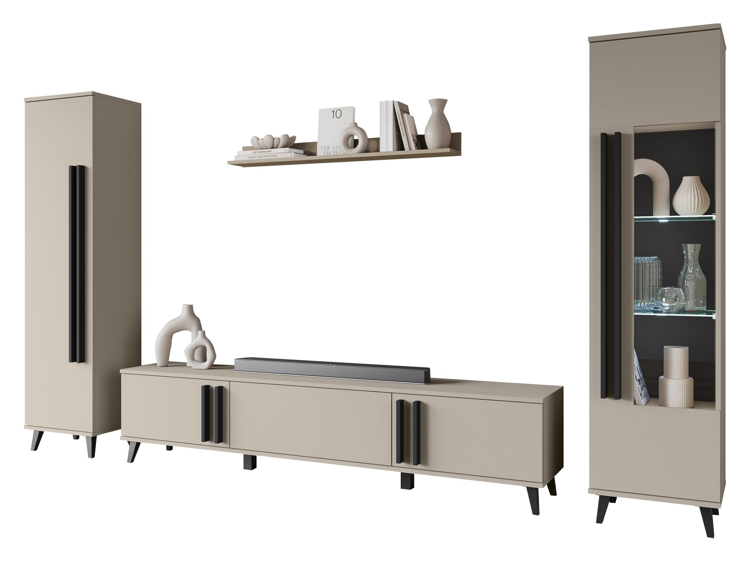 WOHNWAND Helsinki II mit weißer LED Beleuchtung - Beige/Schwarz, Holzwerkstoff/Kunststoff (180/70/33cm) - MIRJAN24