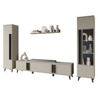 WOHNWAND Helsinki II mit weißer LED Beleuchtung - Beige/Schwarz, Holzwerkstoff/Kunststoff (180/70/33cm) - MIRJAN24