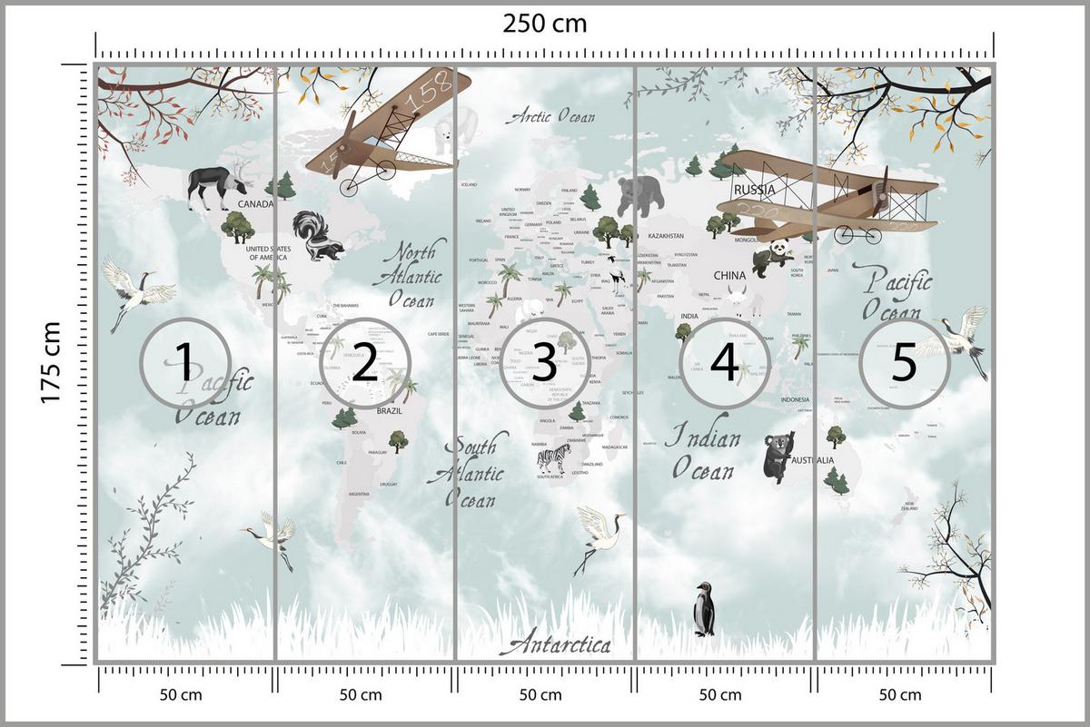 FOTOTAPETE für Kinderzimmer Weltkarte Tiere Flugzeuge Pflanzen 250x175 - Blau/Beige, Papier (250/175cm) - Muralo