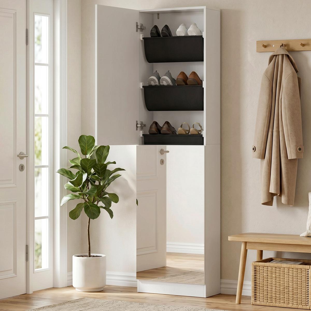 SCHUHSCHRANK Spanplatte Hartglas Weiß - Silberfarben/Weiß, Holzwerkstoff/Textil (20/180/50cm) - HOMCOM