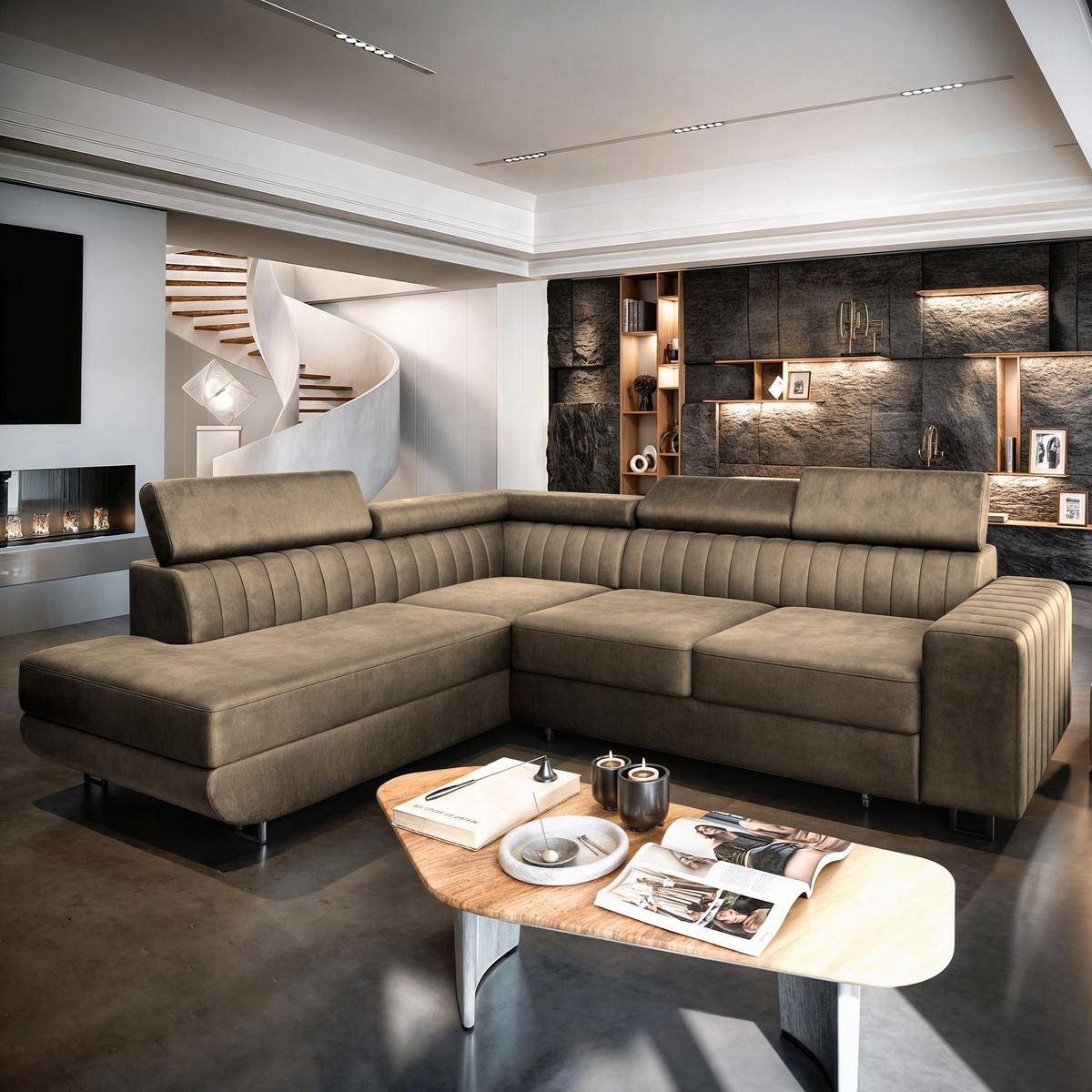 ECKSOFA NOLA L-S Beige Velours-Stoff mit Schlaffunktion - Beige/Silberfarben, Holz/Textil (253/190cm) - MASSENO