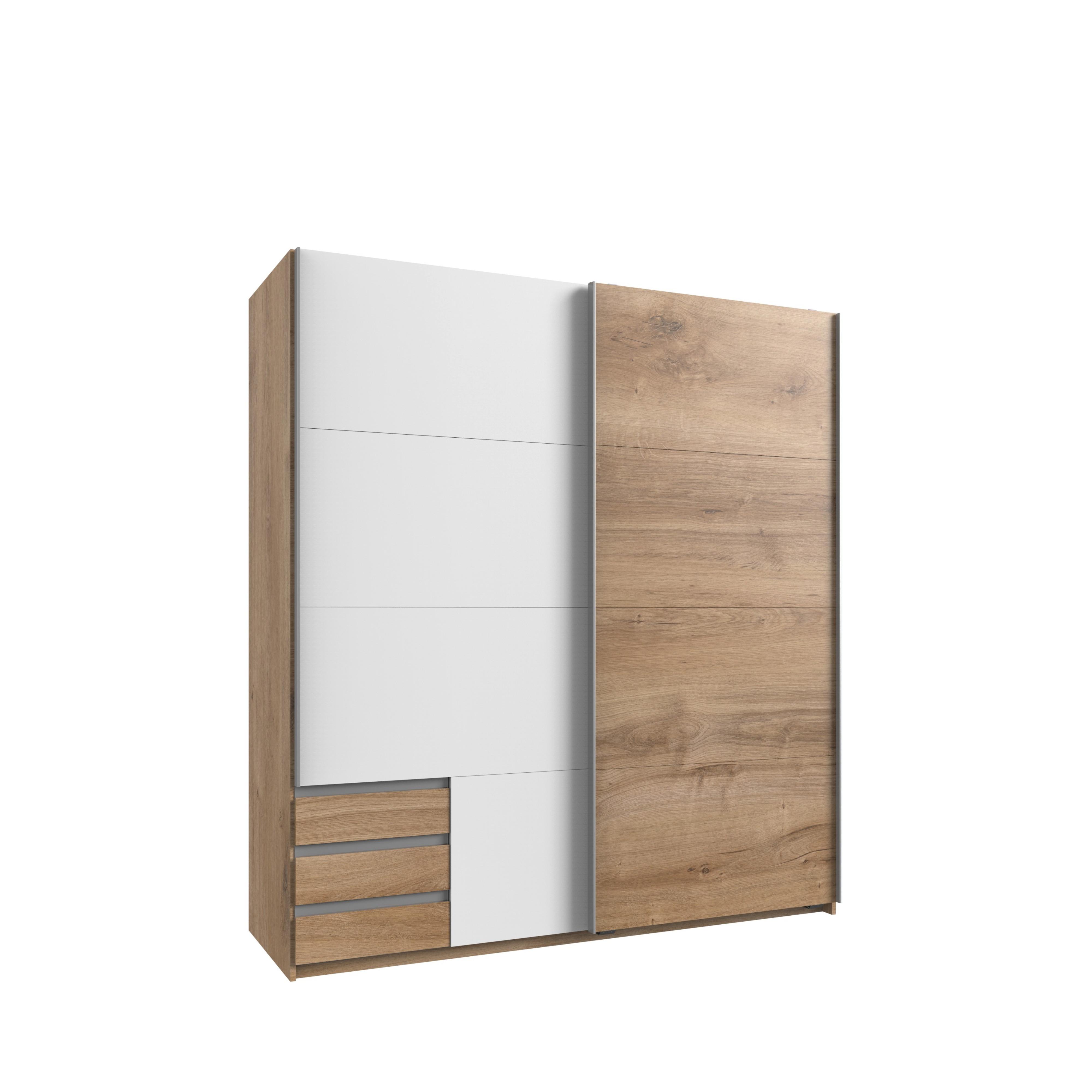 SCHWEBETÜRENSCHRANK 2-türig B179/H198/T65 cm, Kleiderschrank mit sichtbaren Schubkästen in Eiche Dekor, 1x Tür in Weiß / 22691 - Eichefarben/Alufarben, Holz/Holzwerkstoff (179/198/65cm) - luma-home