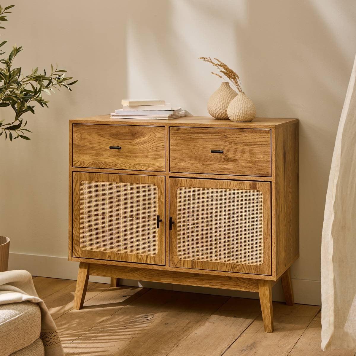 KOMMODE mit 2 Türen und 2 SchubladenFronten aus Rattan 39/79/90 cm - Eschefarben, Holzwerkstoff (90/79/45cm) - Calicosy