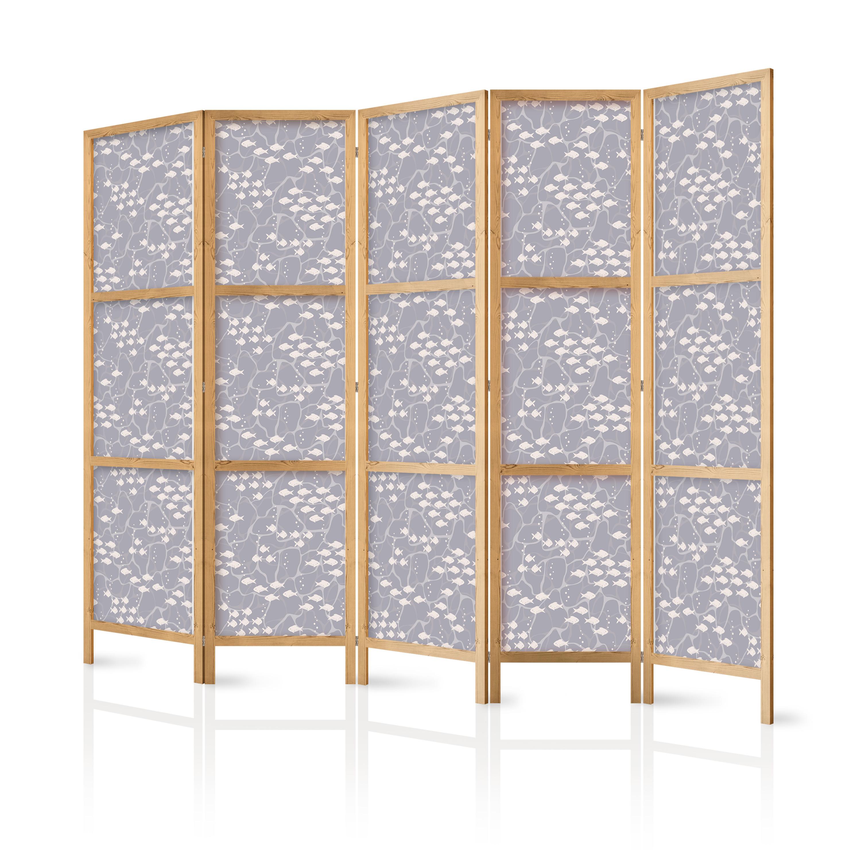 PARAVENT Japanischer 5-tlg 225x172 cm Fischschwarm - Grau, Holz/Textil (225/172/3cm) - Muralo
