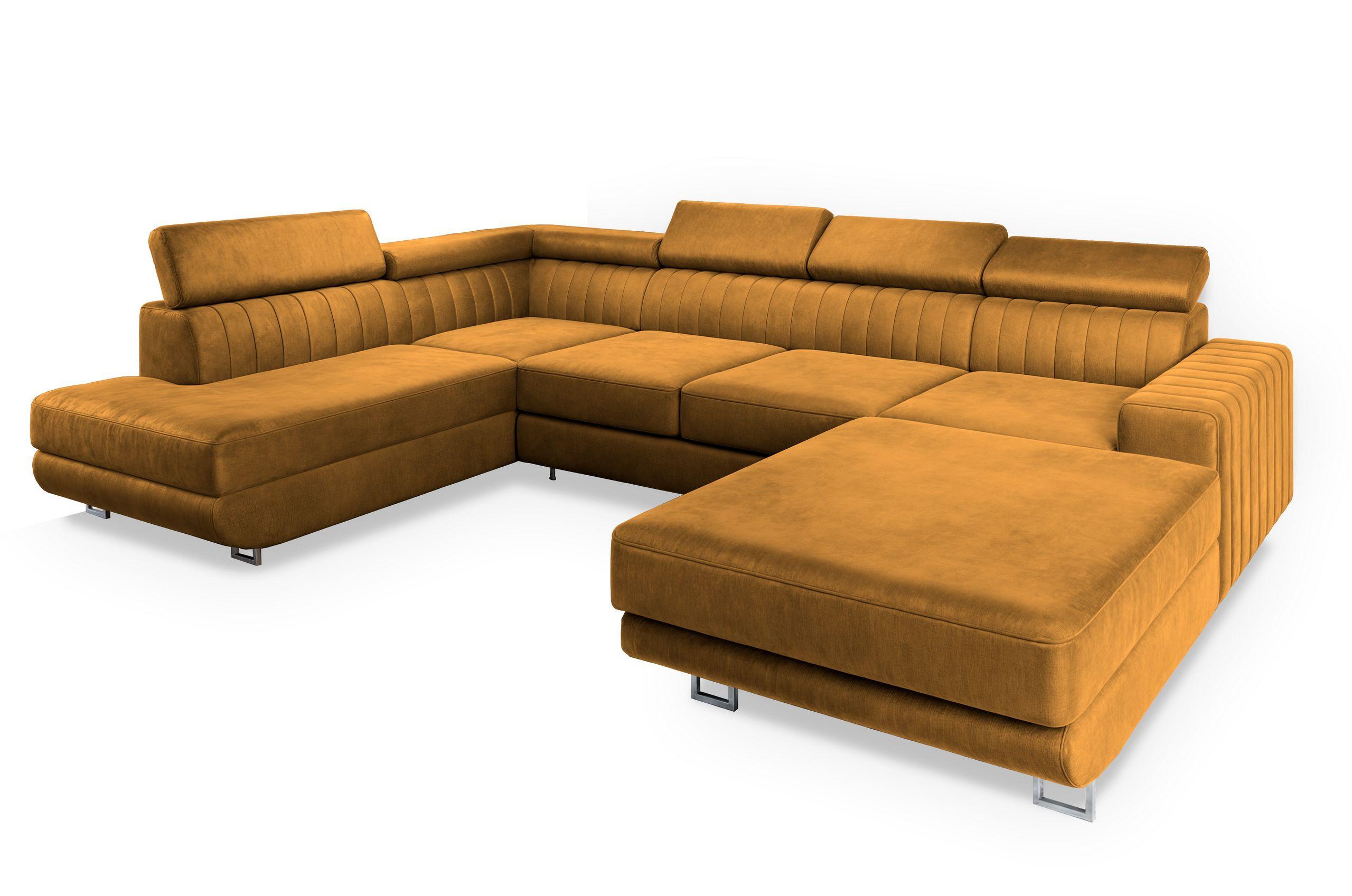 WOHNLANDSCHAFT SIENA L-S Gelb Velours-Stoff mit Schlaffunktion - Gelb/Silberfarben, Holz/Textil (335/89/190cm) - MASSENO