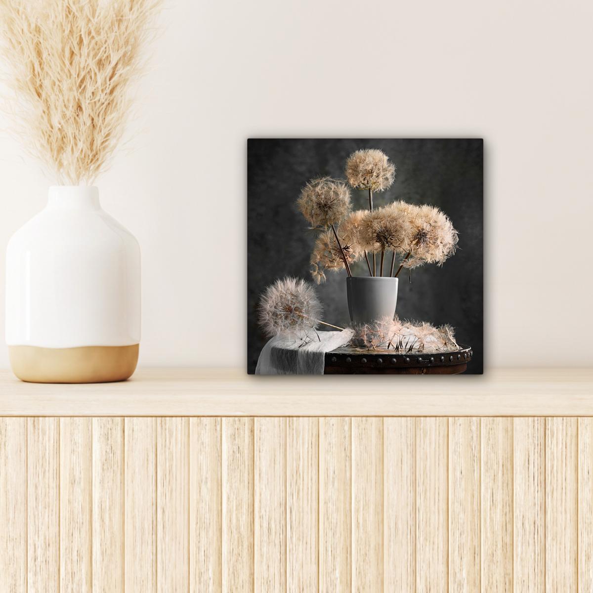 LEINWANDBILD Blumensamen - Löwenzahn - Vase - Stilleben - Blumenstrauß Deko Wohnzimmer 20x20 cm - Dunkelgrau, Textil (20/20cm) - MuchoWow