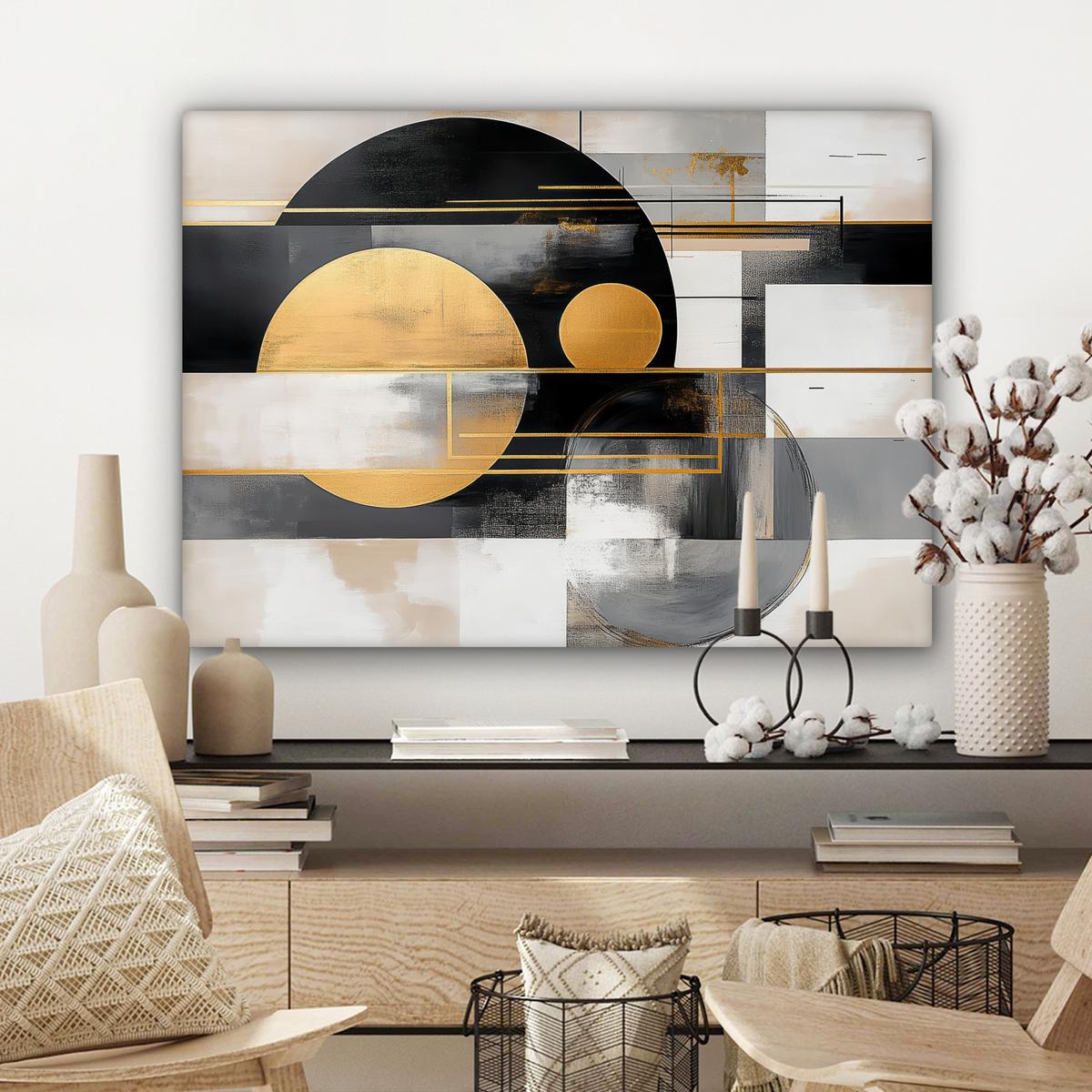 LEINWANDBILD Abstrakt - Gold - Silber - Formen - Ästhetisch - Modern Wandbilder 80x60 cm - Goldfarben, Textil (80/60cm) - MuchoWow