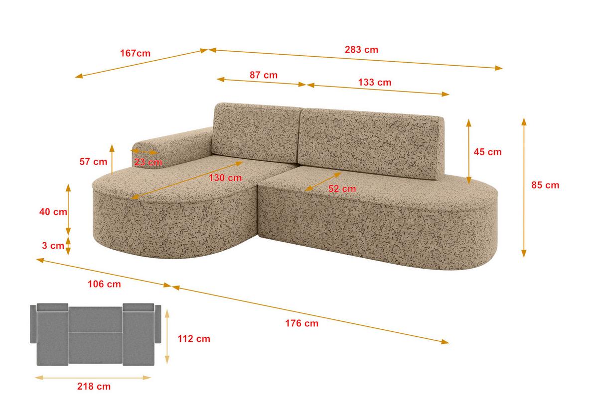 ECKSOFA mit Schlaffunktion und Bettkasten Ottomane Rechts MARI-L1-S - 283x167x85 cm Hellgrau Tissu - Hellgrau/Schwarz, Holzwerkstoff/Kunststoff (167/283cm) - ALTDECOR
