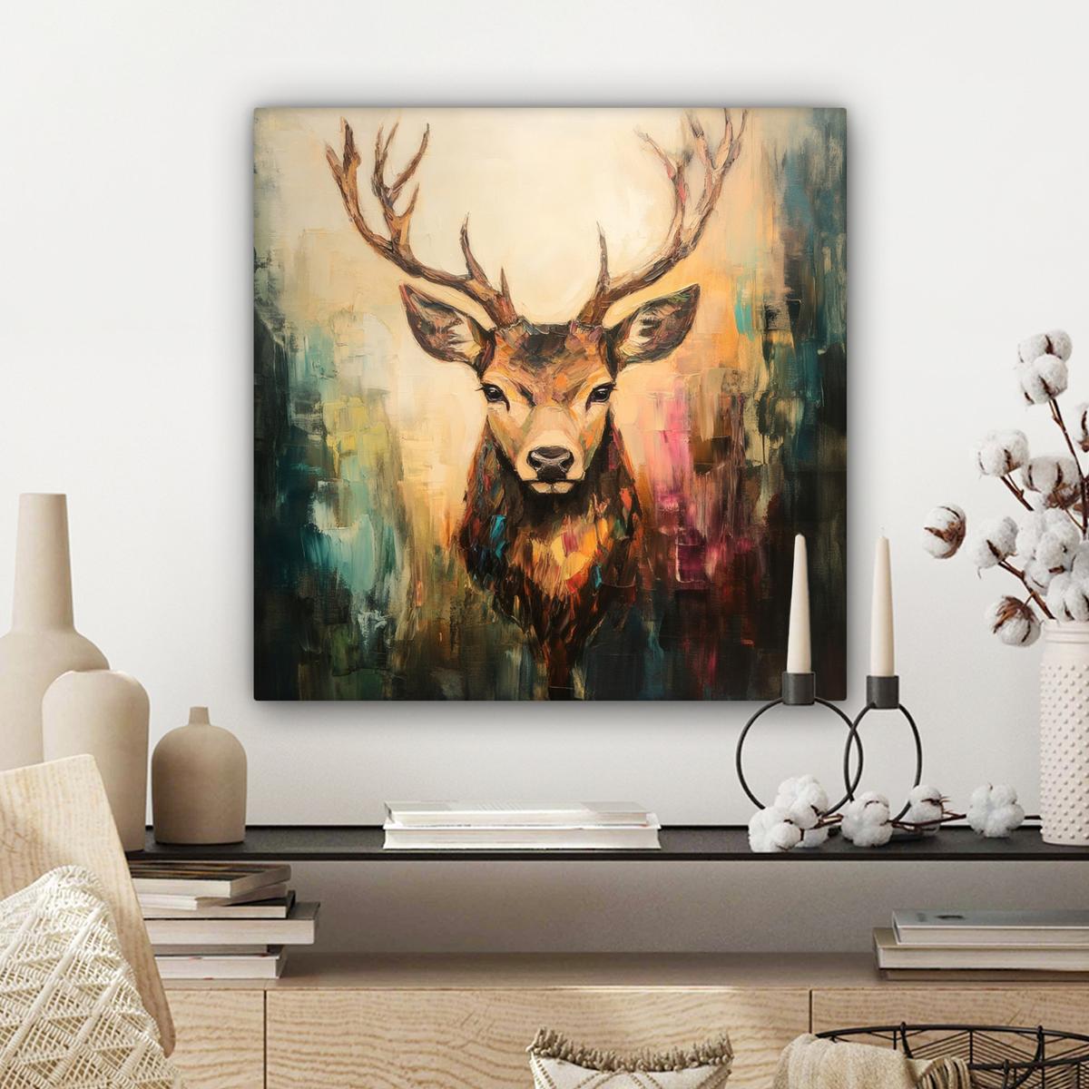 LEINWANDBILD Hirsch - Gemalt - Geweih - Braun Wandbild Wohnzimmer 50x50 cm - Haselnussfarben, Textil (50/50cm) - MuchoWow