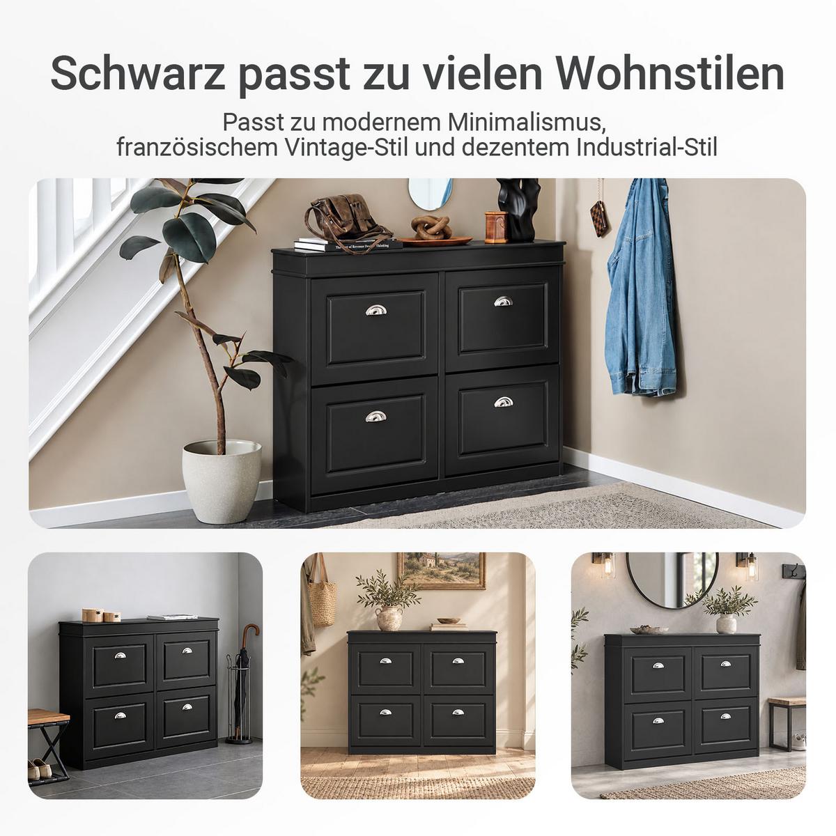 SCHUHSCHRANK schwarz, nur 24 cm tief, 4 Klappen für 16 Paar, für schmale Flure & hinter der Tür - Schwarz, Holzwerkstoff (105/82/24cm) - SoBuy