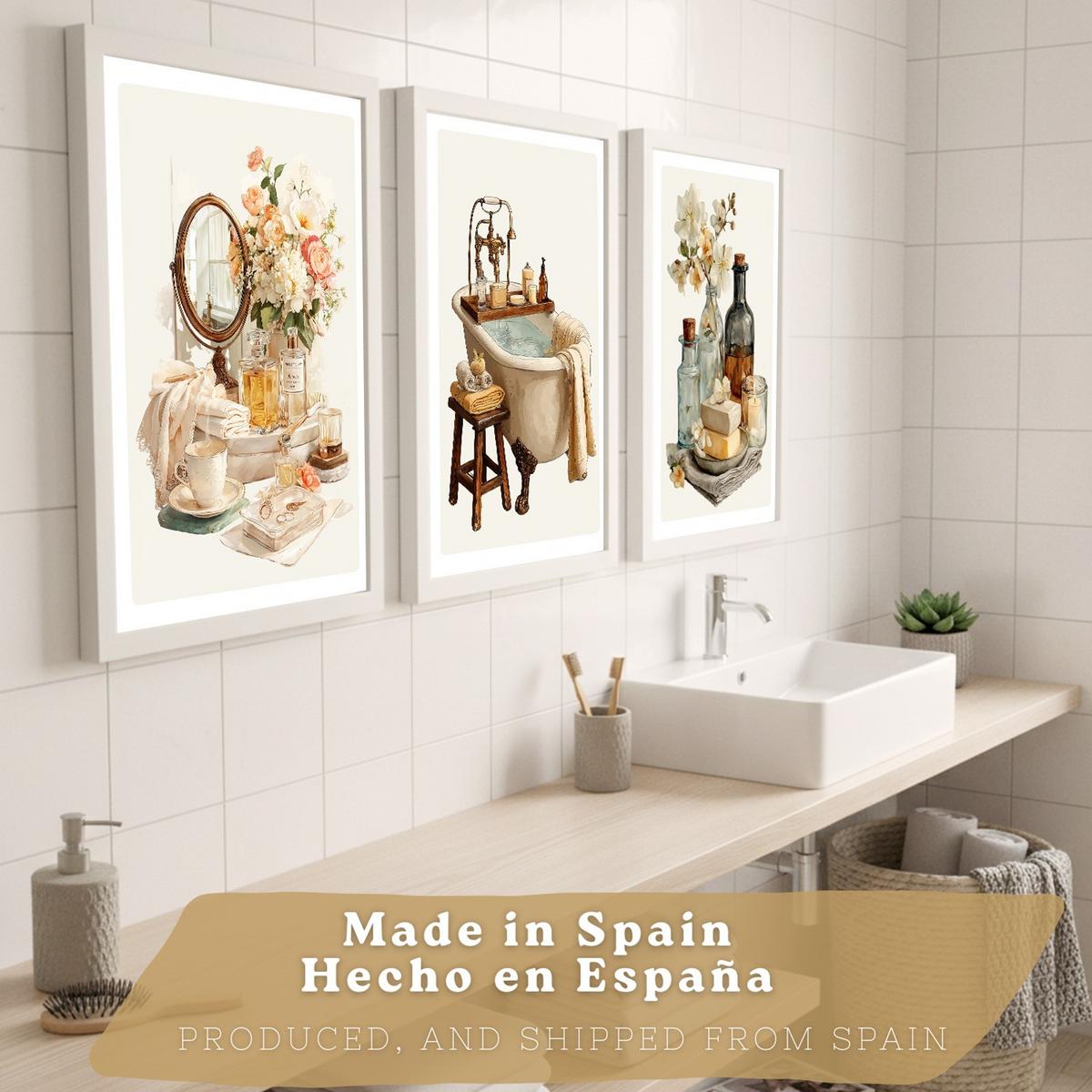 POSTER 3er-Set dekorative Badezimmer-Wandbilder und, Vintage-Stil für Waschbecken, Dusche, WC mit Badewanne, Blumen und Spiegel Weißer Rahmen A4 - Weiß, Papier (29.7/21/3cm) - Nacnic
