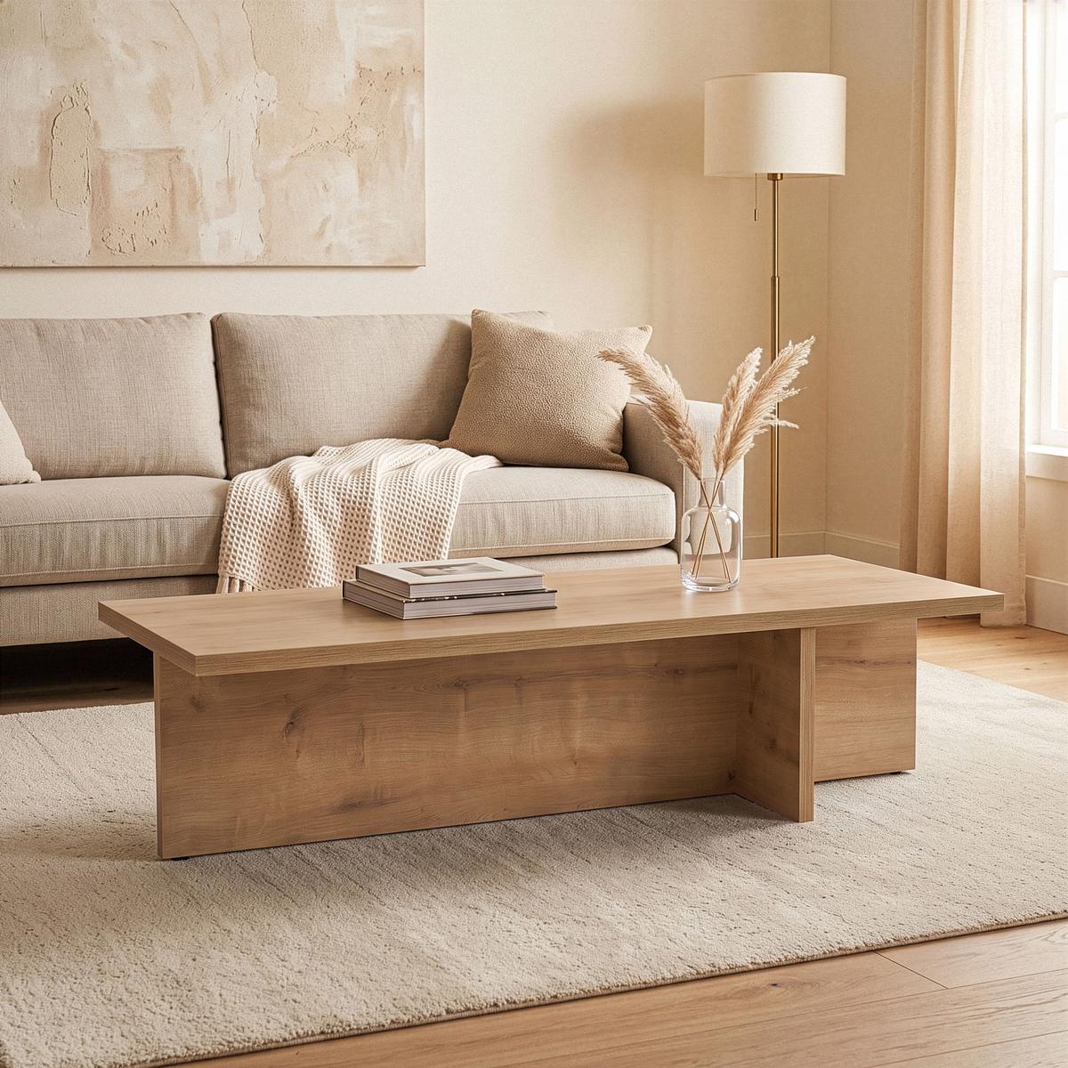 COUCHTISCH mit rechteckiger Platte und asymmetrischem Fuß L120 cm - HARBOR - Eichefarben, Holzwerkstoff (120/45/30cm) - Calicosy