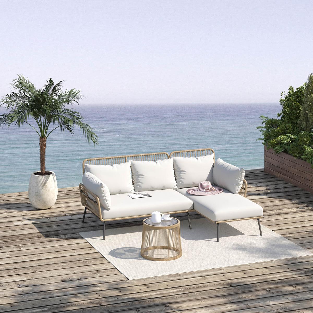 GARTENMÖBEL-SET mit Kissen, mit 1 Beistelltisch, für Garten, Terrasse, Stahl, Kaffee - Creme, Kunststoff - Outsunny
