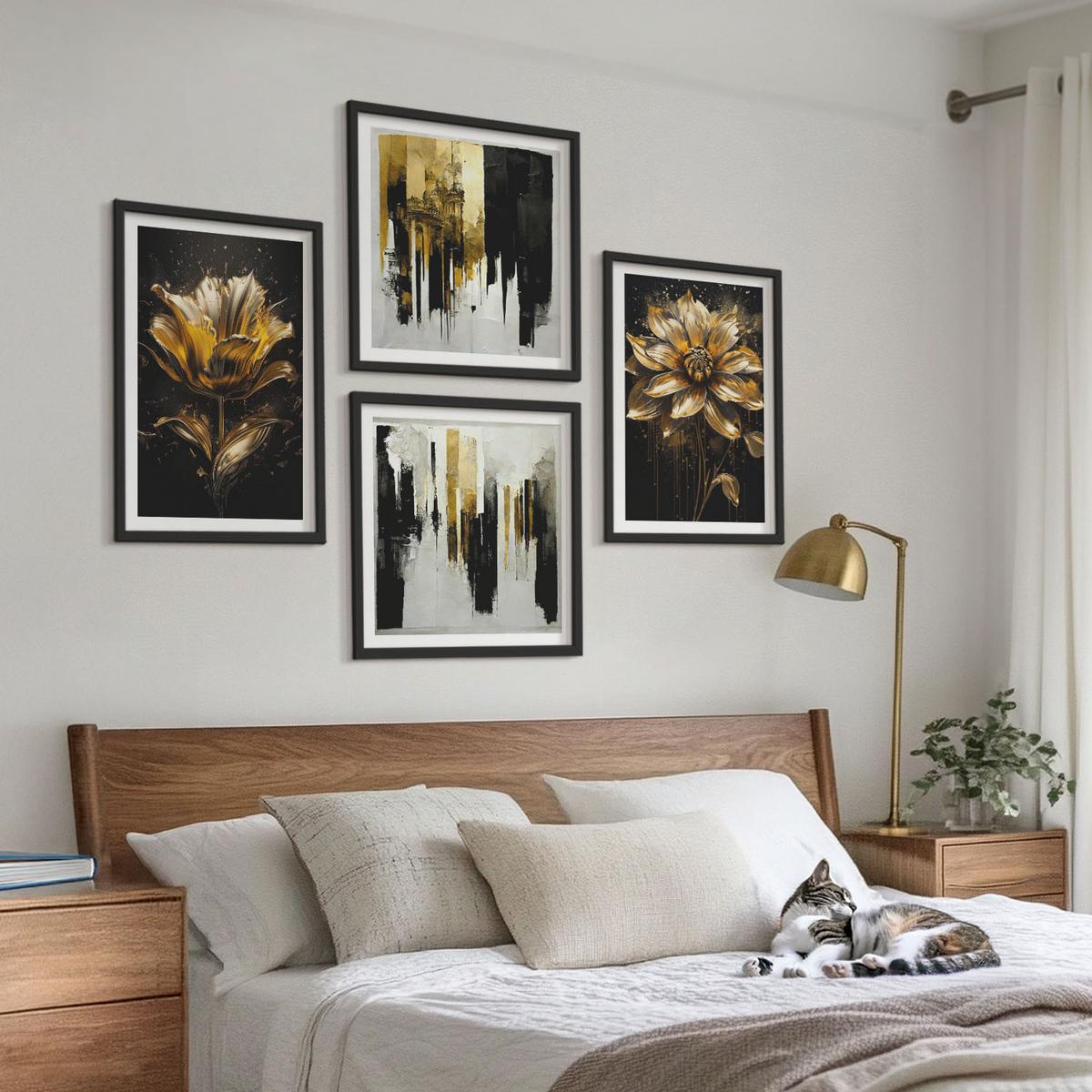 BILDER SET 4er Set - 50x50 cm & 40x60 cm Schwarzer Rahmen - Stilvolle moderne Blumen - Schwarz, Kunststoff (50/50cm) - TULUP