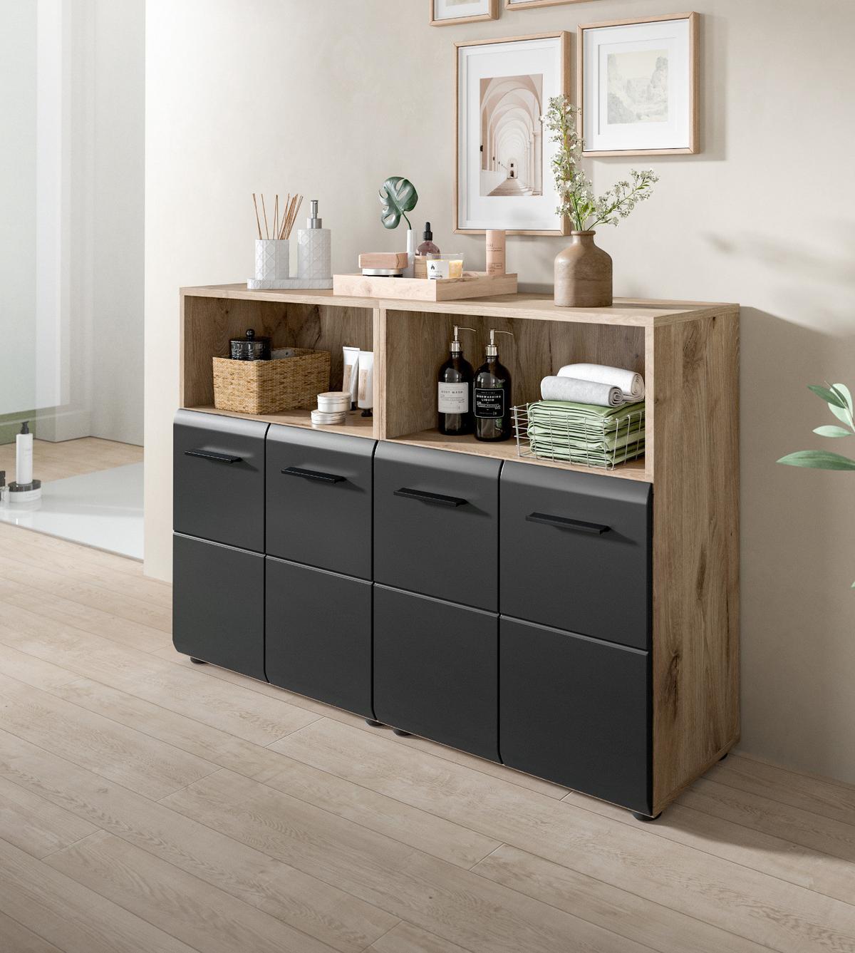 MIDISCHRANK Set Schwarz matt und Eiche, 2x Bad Kommode, gesamt 120 x 80 cm - Eichefarben/Schwarz, Holzwerkstoff/Kunststoff (120/80/30cm) - Inn.Furn