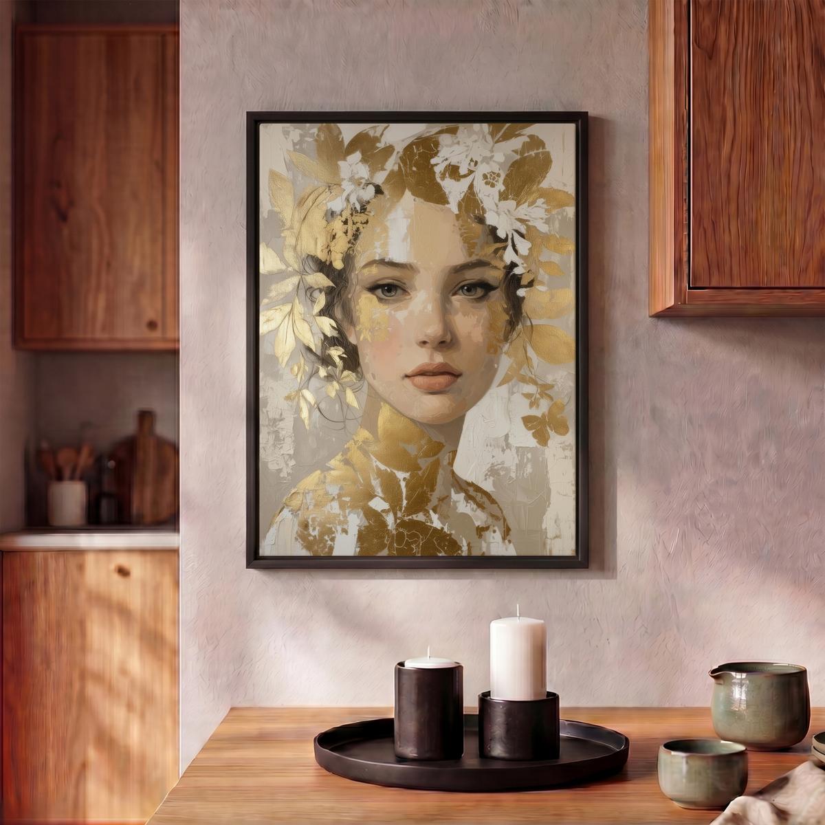LEINWAND Bilder mit Rahmen - Gesicht - Frau - Blätter - Gold - 30x40 - Beige, Textil (30/40cm) - MuchoWow