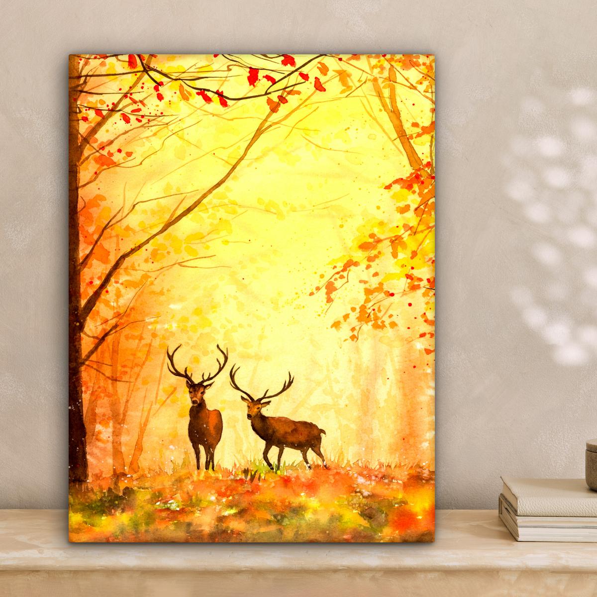LEINWANDBILD Natur - Ölfarbe - Hirsche - Tiere - Herbst - Orange Room Decor 30x40 cm - Orange, Textil (30/40cm) - MuchoWow