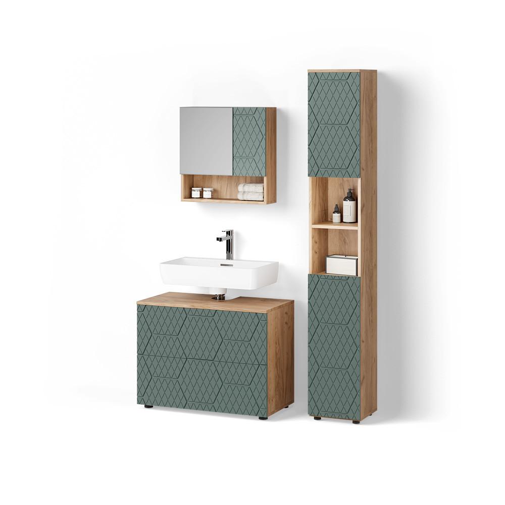 BADMÖBEL-SET Ronco Grün/Goldkraft Eiche 3 Teile, mit Schubladenschrank und Hochschrank - Honigeiche/Grün, Holzwerkstoff (80/58/41cm) - Livinity®