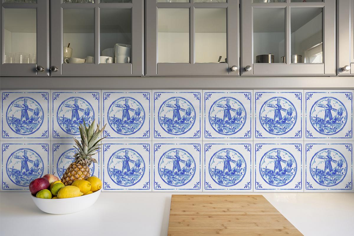 SELBSTKLEBENDE Wandfliesen 9 Stück 30x30 cm - Windmühle im Azulejos-Stil - Blau, Textil (30/1.6/30cm) - TULUP