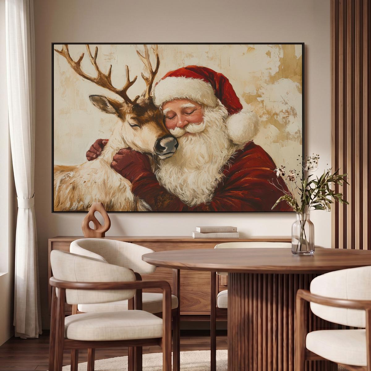 LEINWAND Bilder mit Rahmen - Weihnachtsmann - Rentier - Weihnachten - 150x100 - Rotbraun, Textil (150/100cm) - MuchoWow