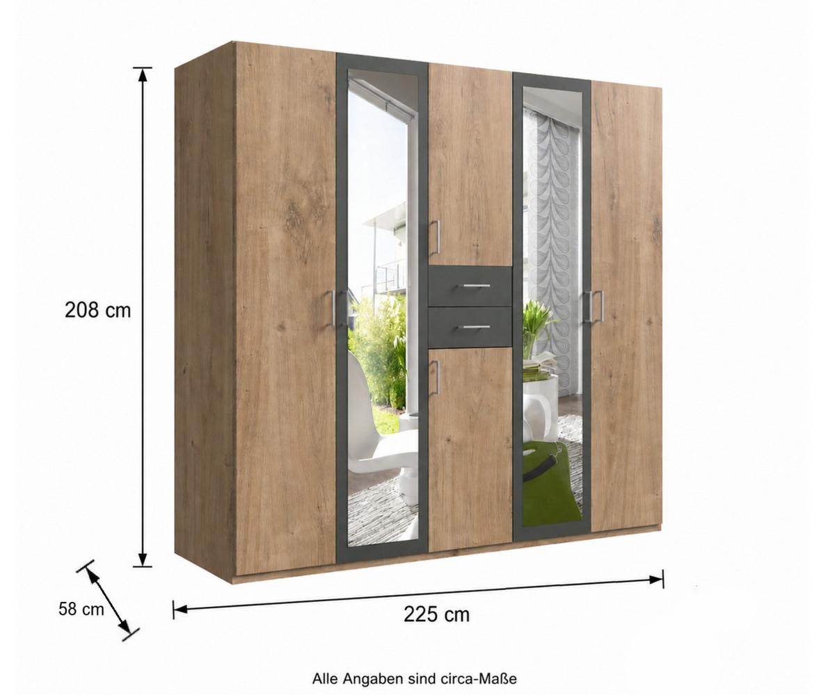 DREHTÜRENSCHRANK B225/H208/T58 cm, Eiche Dekor mit Absetzungen in Grafit, Kleiderschrank mit 2 Spiegeltüren & Schubkästen / 22592 - Eichefarben/Silberfarben, Holzwerkstoff/Kunststoff (225/208/58cm) - luma-home