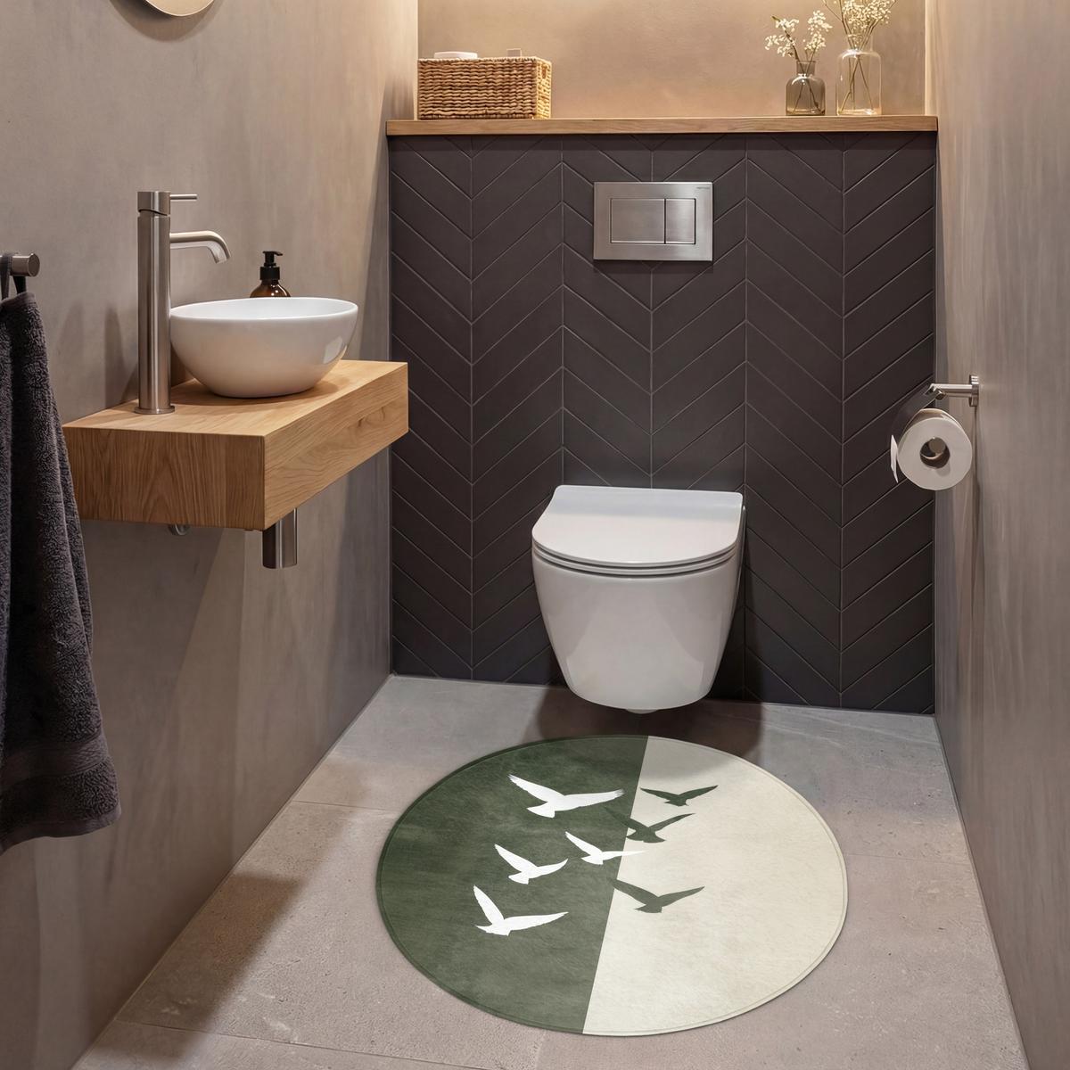 WC-VORLEGER Japandi - Vogel - Grün Toilettenteppich 70x70 cm - Olivgrün, Textil (70/1cm) - OnlyWow