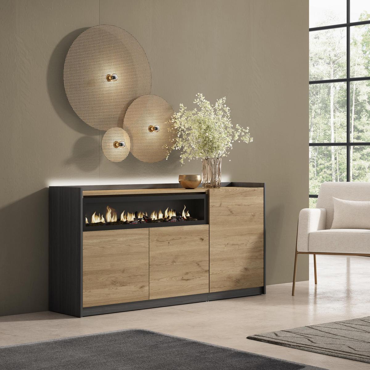 SIDEBOARD, Eiche und Schwarz, 156/37/80cm, Kamin mit Feuereffekt - Eichefarben, Holzwerkstoff (156/80/37cm) - Skraut Home