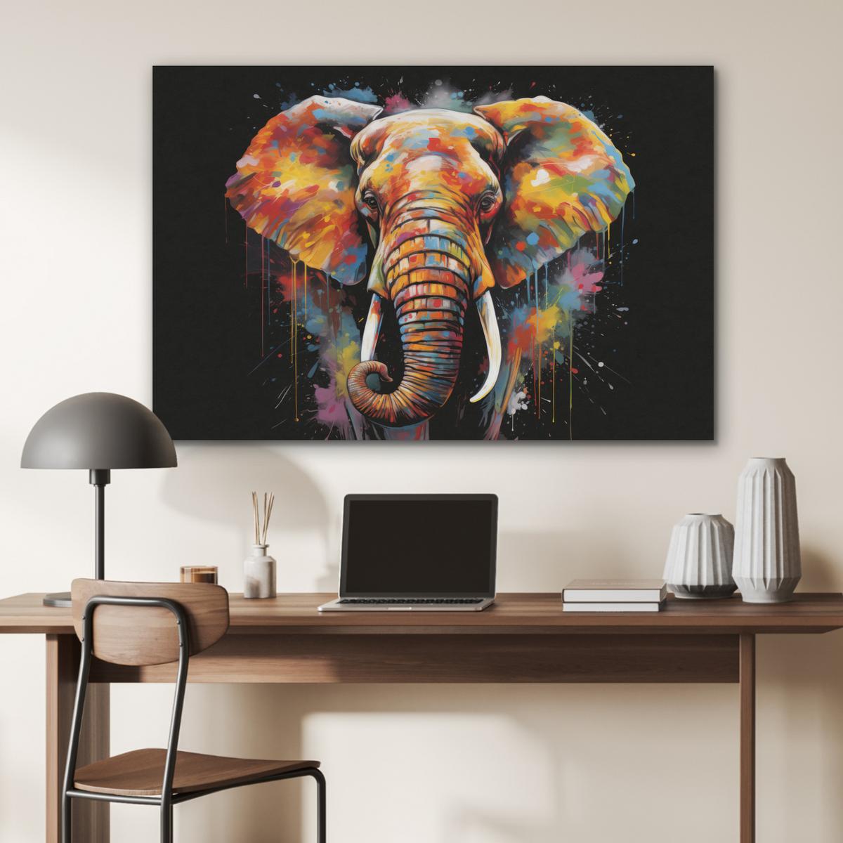 AKUSTIKBILD Elefant - Graffiti - Schwarz - Tiere - Farben Wandbild Wohnzimmer 100x70 cm - Schwarz, Kunststoff (100/70/0.9cm) - MuchoWow
