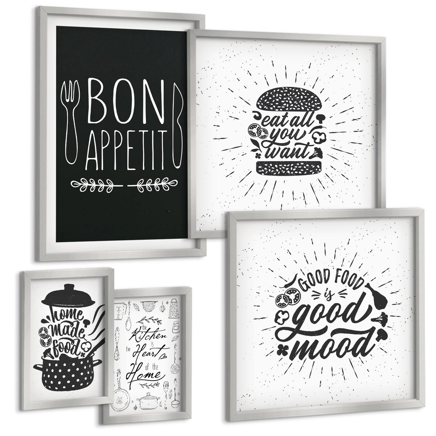 BILDER SET 5er Set - 50x50 cm & 20x30 cm & 40x60 cm Silberner Rahmen - Grafiken, Lebensmittel, kulinarische Slogans - Silberfarben, Kunststoff (40/60cm) - TULUP