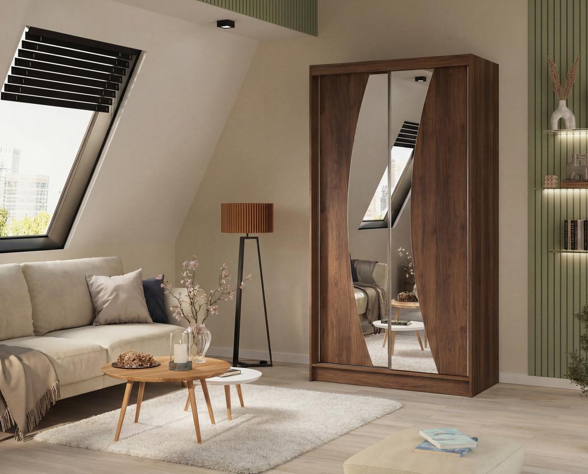 SCHWEBETÜRENSCHRANK VOCE 120/216/61 cm Modern Kleiderschrank 2-türig mit Spiegel Nussbaumfarben - Nussbaumfarben, Holzwerkstoff (120/216/61cm) - MASSENO