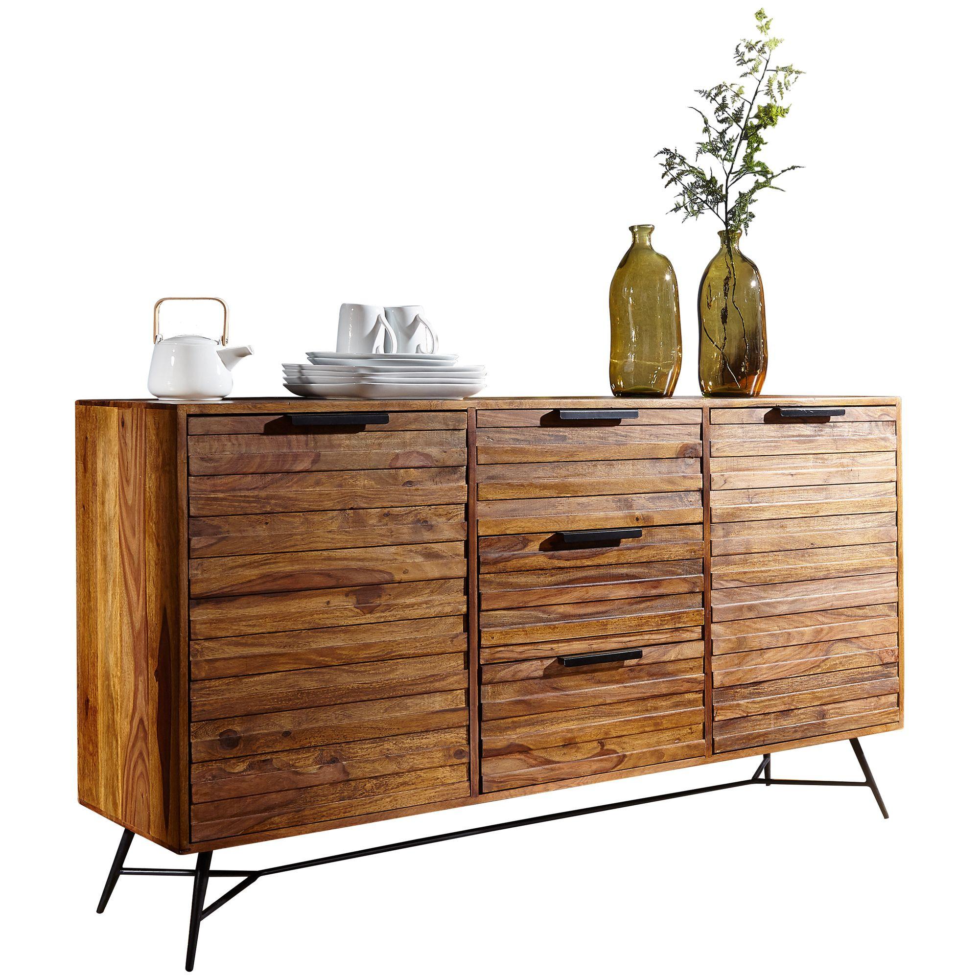 SIDEBOARD – Mango Massivholz/Metall, 160x40x88 cm, mit Türen, Schubladen - Schwarz/Braun, Holz/Metall (160/88/40cm) - KADIMA DESIGN