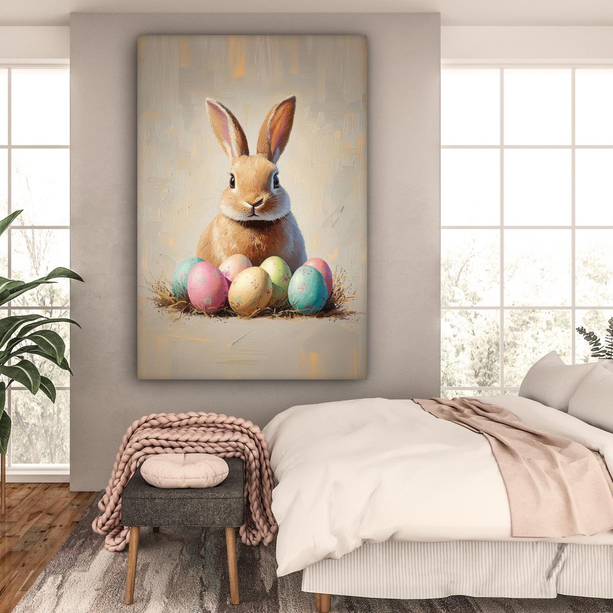 LEINWANDBILD Osterhase - Pastell - Eier Deko Groß 90x140 cm - Beige, Textil (90/140cm) - MuchoWow