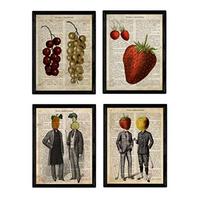 POSTER Set mit 4 Blättern Obst und Gemüse Modell 3 A4 Schwarzer Rahmen - Schwarz, Papier (29.7/3cm) - Nacnic