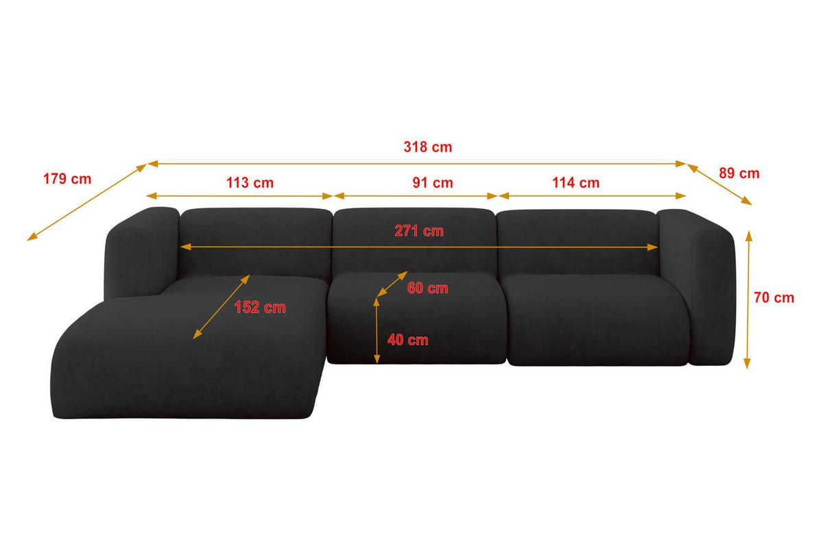 ECKSOFA Ottomane Links MIRA-L2 318x179x89 Schwarz Velours - Anthrazit/Schwarz, Holzwerkstoff/Kunststoff (318/179cm) - ALTDECOR