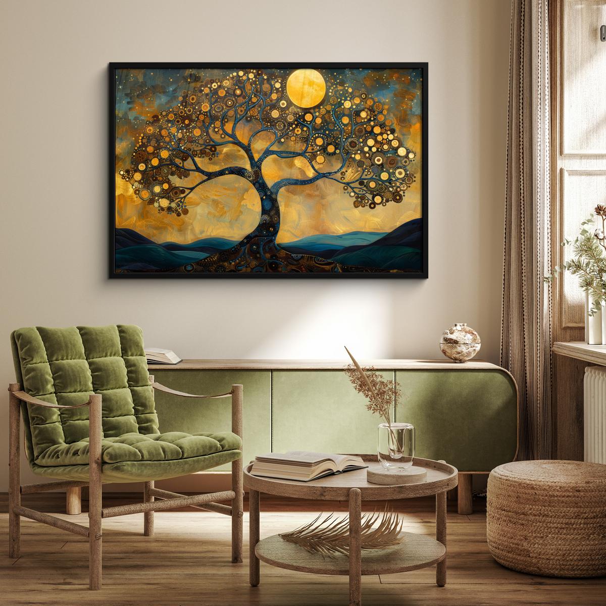 POSTER MIT RAHMENGERAHMTES BILD Baum - Mond - Blumen - Gold - Kunst 120x80 cm - Orange, Papier (120/80cm) - MuchoWow