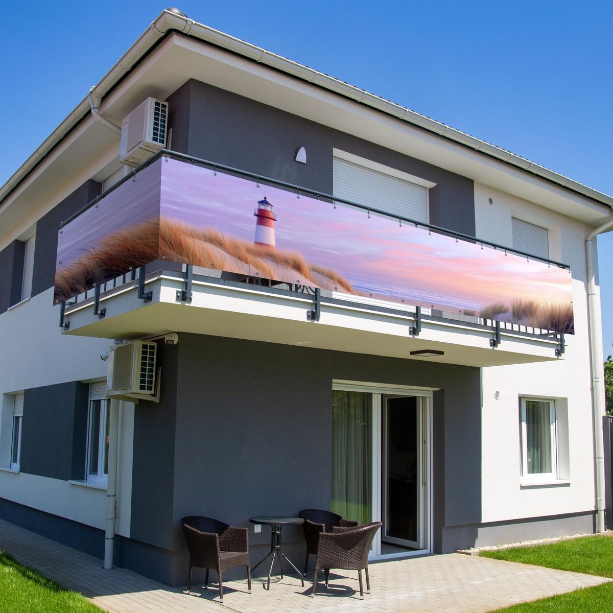 BALKON-SICHTSCHUTZ Leuchtturm - Dünen - Sonnenuntergang Groß 500x80 cm - Hellrosa, Kunststoff (500/80cm) - MuchoWow