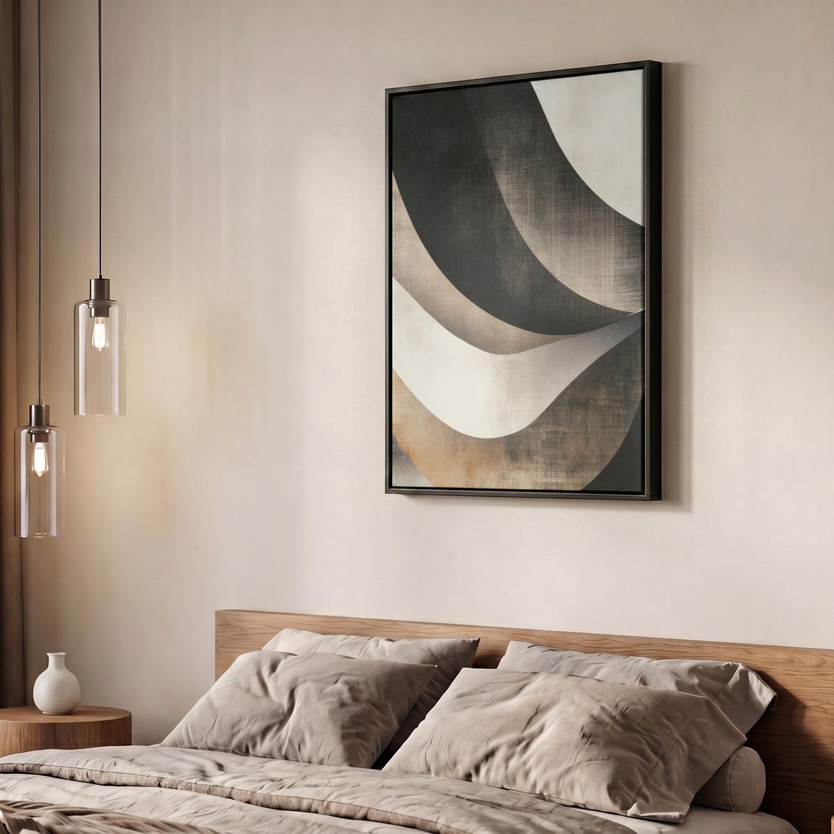LEINWAND Bilder mit Rahmen - Abstrakt - Wellen - Schwarz - Verwittert - 50x70 - Trüffeleichefarben, Textil (50/70cm) - MuchoWow