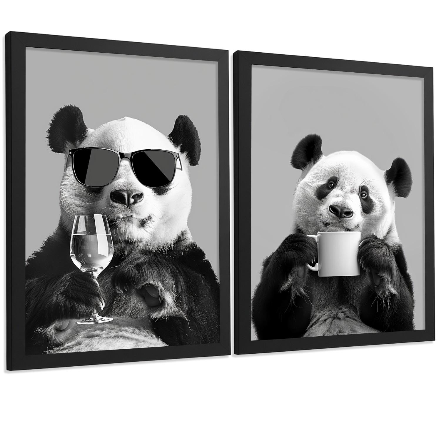 POSTER 2er Set Lustige Panda-Wandbilder Schwarz Weiß Tier Weinglas und Kaffeetasse Küche Wanddeko Rahmenlos A4 - Schwarz, Papier (29.7/1/21cm) - Nacnic