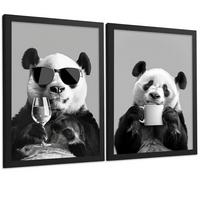POSTER 2er Set Lustige Panda-Wandbilder Schwarz Weiß Tier Weinglas und Kaffeetasse Küche Wanddeko Rahmenlos A4 - Schwarz, Papier (29.7/1/21cm) - Nacnic