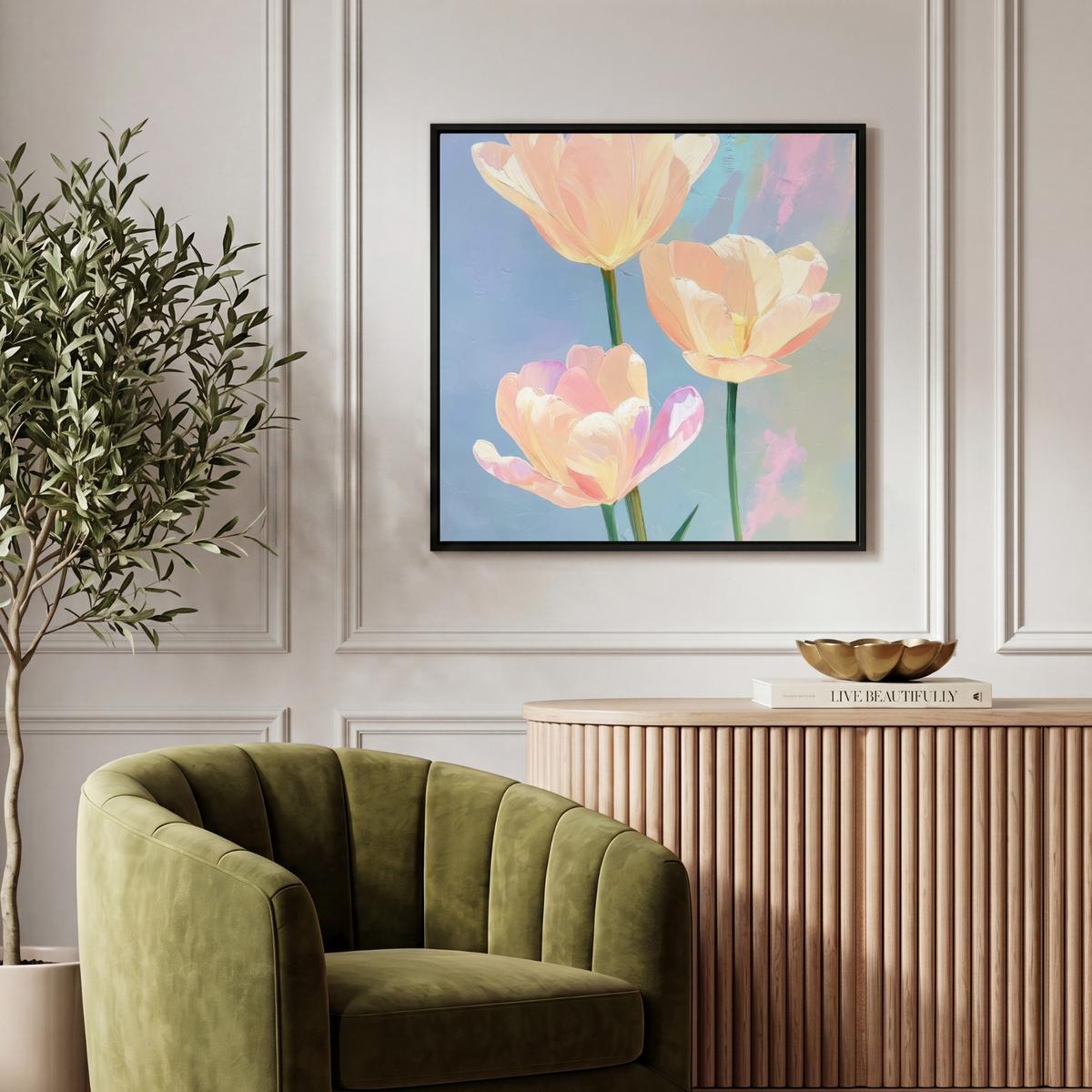 LEINWAND Bilder mit Rahmen - Tulpen - Rosa Akzente - Blau - 50x50 - Pastellblau, Textil (50/50cm) - MuchoWow
