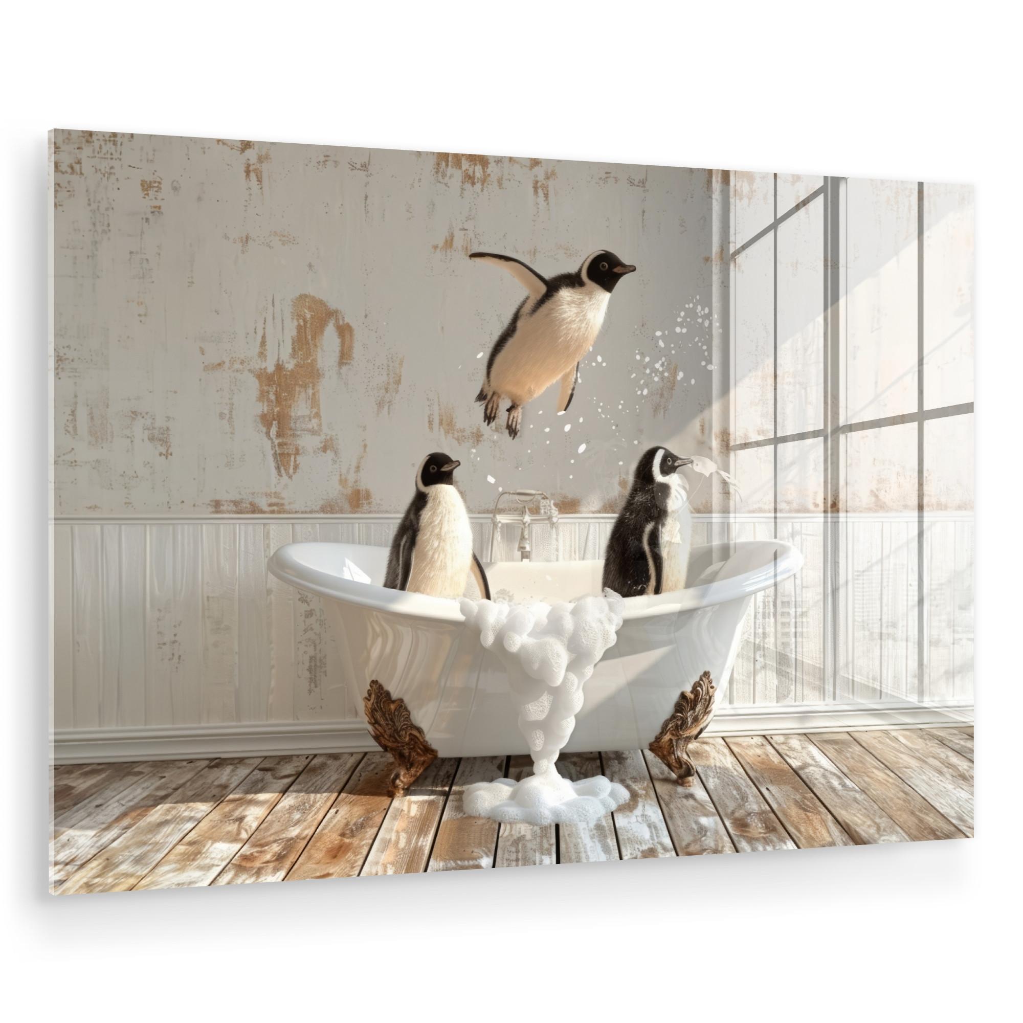 ACRYLGLASBILD Vintage - Pinguin - Badewanne - Schaumstoff Room Decor 90x60 cm - Schwarz, Glas (90/60cm) - MuchoWow