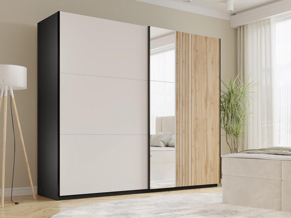 SCHIEBETÜRENSCHRANK Evora 250 - Kaschmir/Schwarz, Holzwerkstoff/Kunststoff (250/215/65cm) - MIRJAN24
