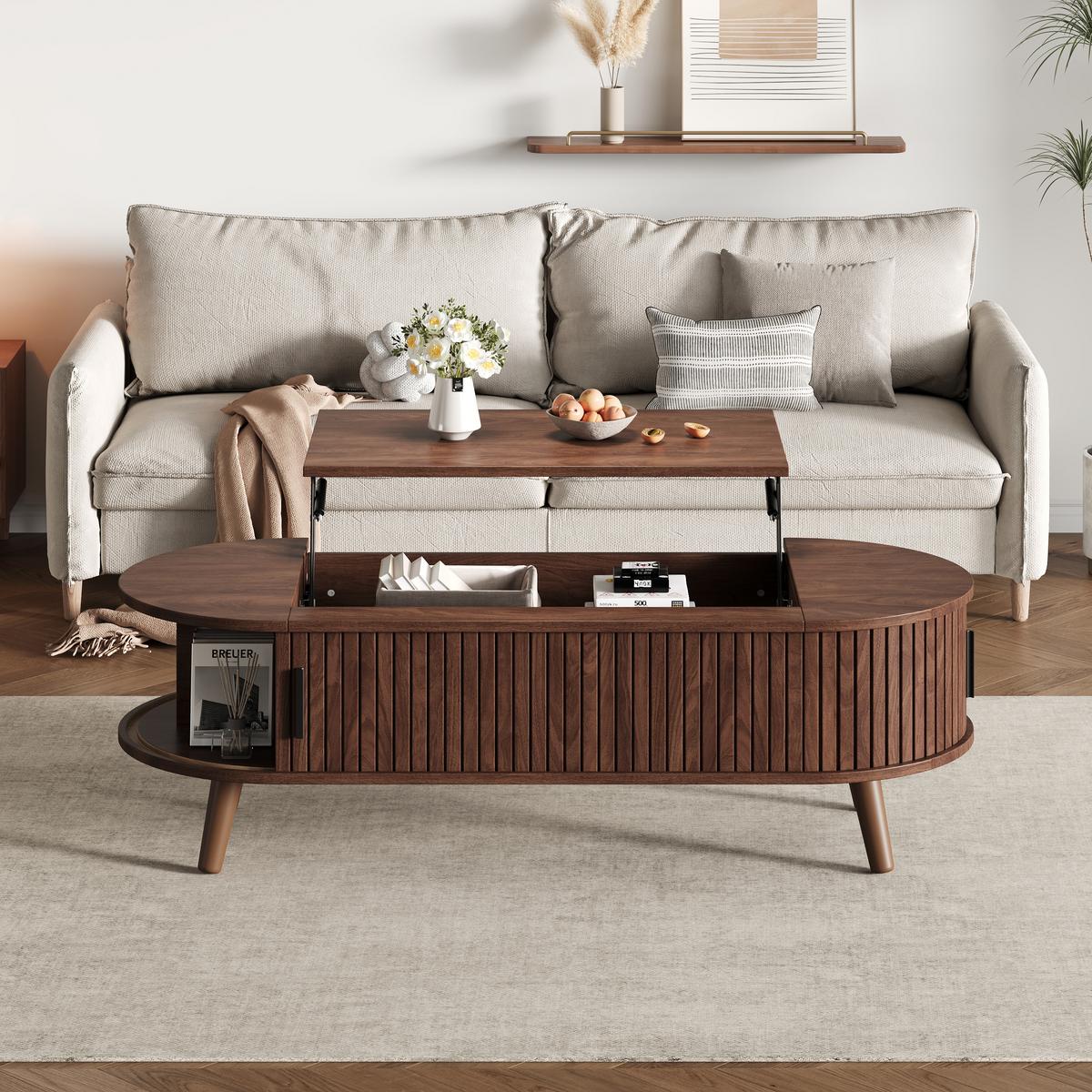 COUCHTISCH Walnuss Anhebbar mit Verstecktem Stauraum & Rolltür - Walnussfarben, Holzwerkstoff (50/120/39.5cm) - Urban Meuble