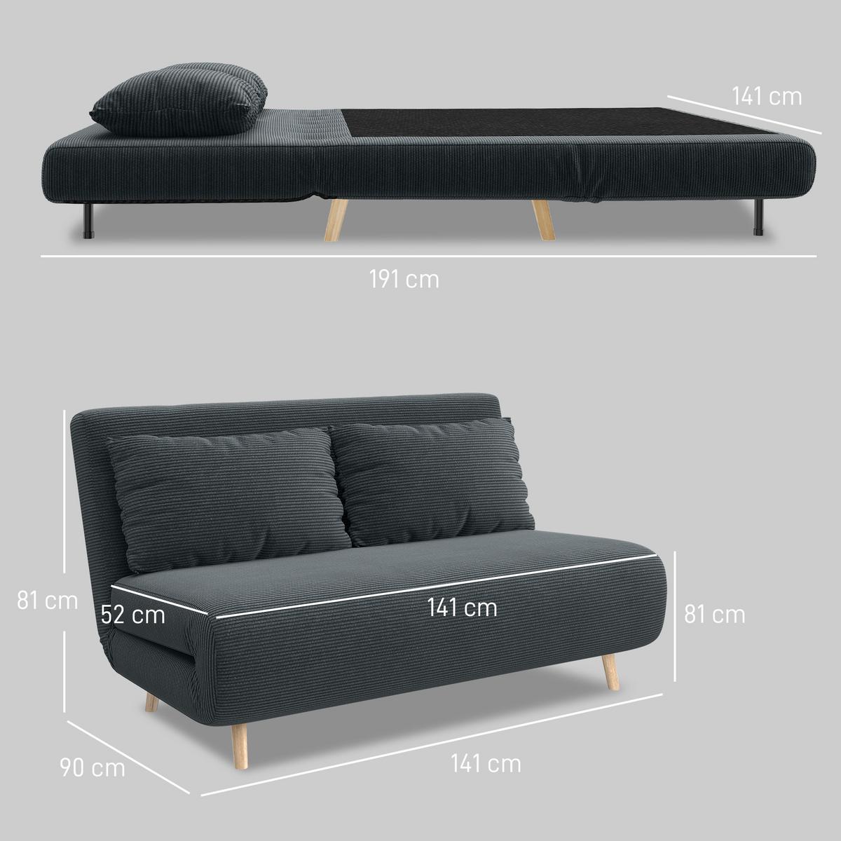 SCHLAFSOFA Polyester Buchenholz Dunkelgrau - Dunkelgrau/Buchefarben, Buchenholz/Textil (90/81/141cm) - HOMCOM