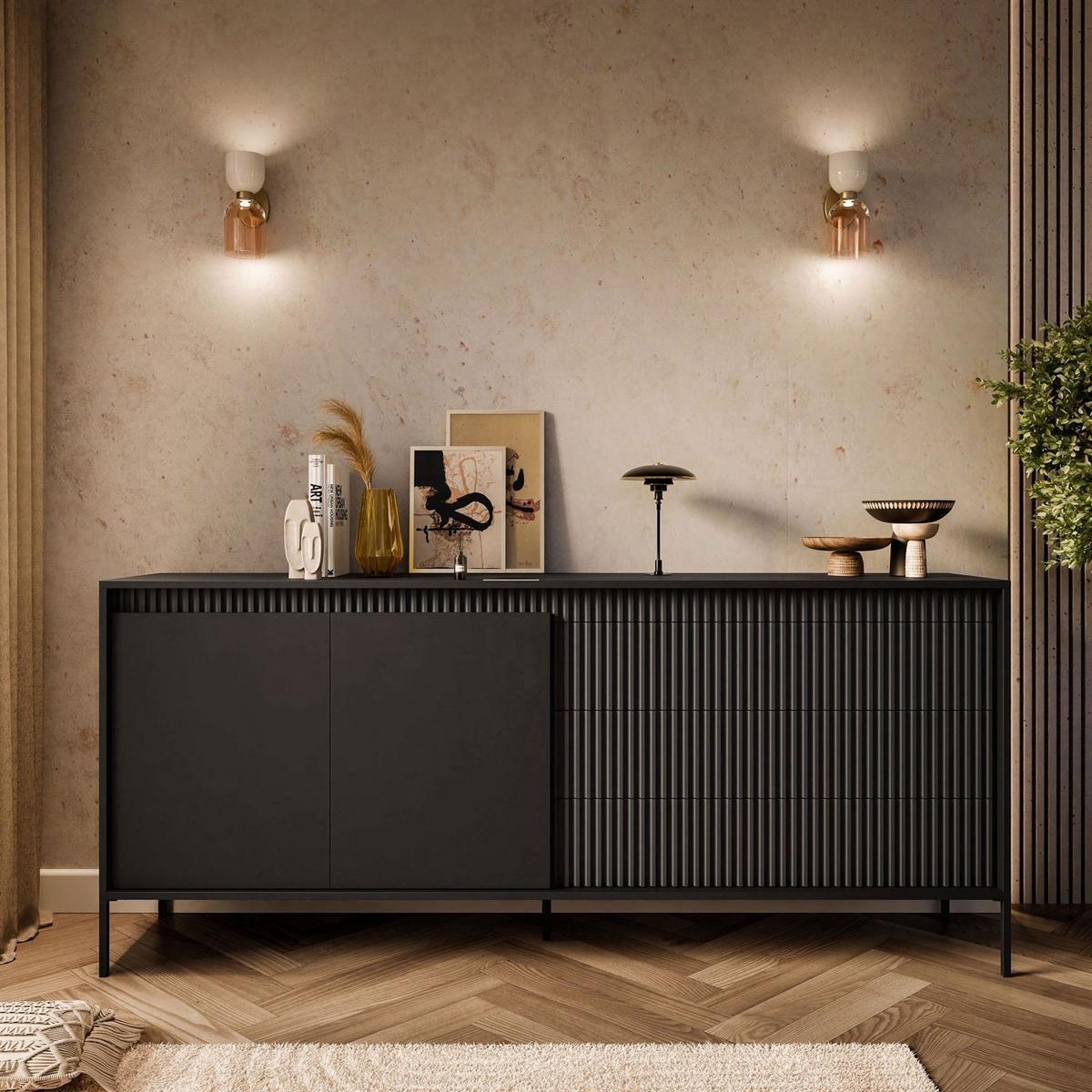 SIDEBOARD YASUMI 187 2D3S mit Schubladen schwarz matt - Schwarz, Holzwerkstoff (187.1/81.4/39.5cm) - Lookway
