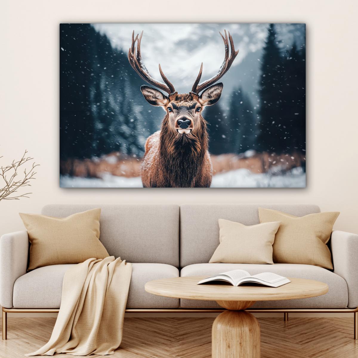 LEINWANDBILD Hirsche - Tiere - Landschaft - Winter - Schnee Wohnzimmer Groß 120x80 cm - Kastanienfarben, Textil (120/80cm) - MuchoWow